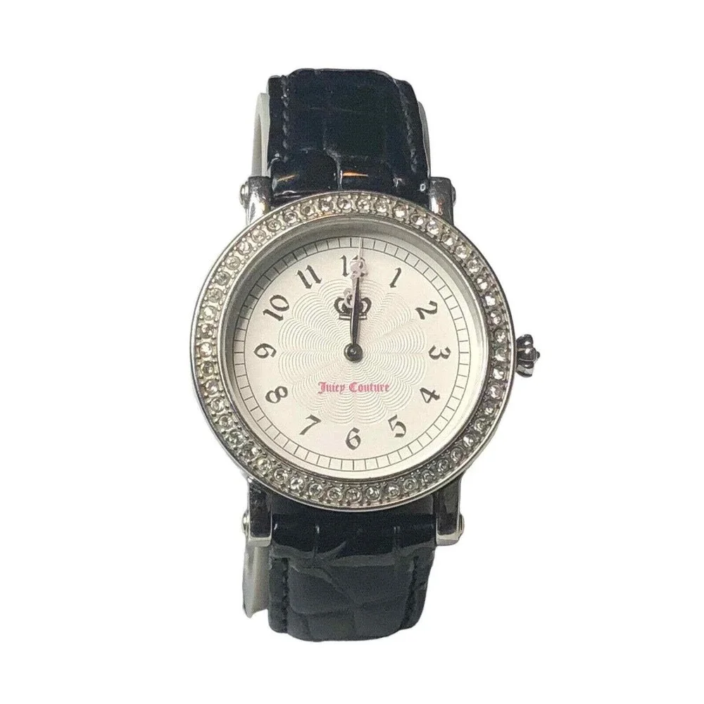 Juicy Couture Women's Watch Black Leather‎ Band Rhinestone Bezel Crown Logo